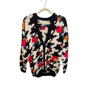 VINTAGE X 80s Knitted IZOD Houndstooth Floral Pattern Cardigan Sweater Medium